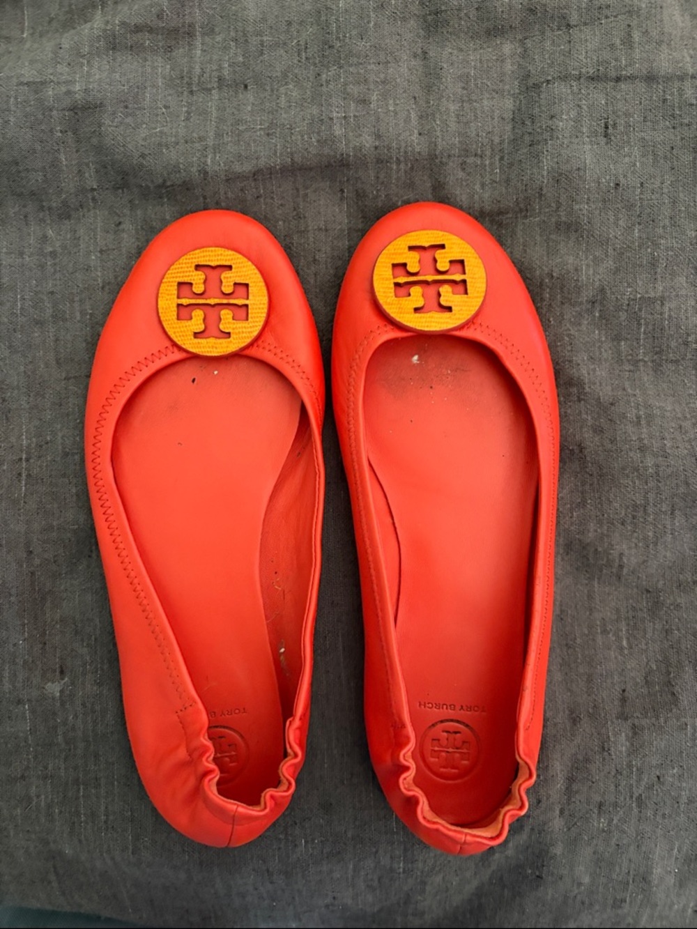 Tory Burch Bright Coral Flats with Yellow Logo Medallions